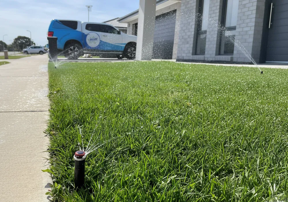 midland-irrigation-sprinkler-installation-professional-service-truck-W251022 Midland Irrigation service truck parked at residential property during professional sprinkler system installation with pop-up sprinklers watering lawn