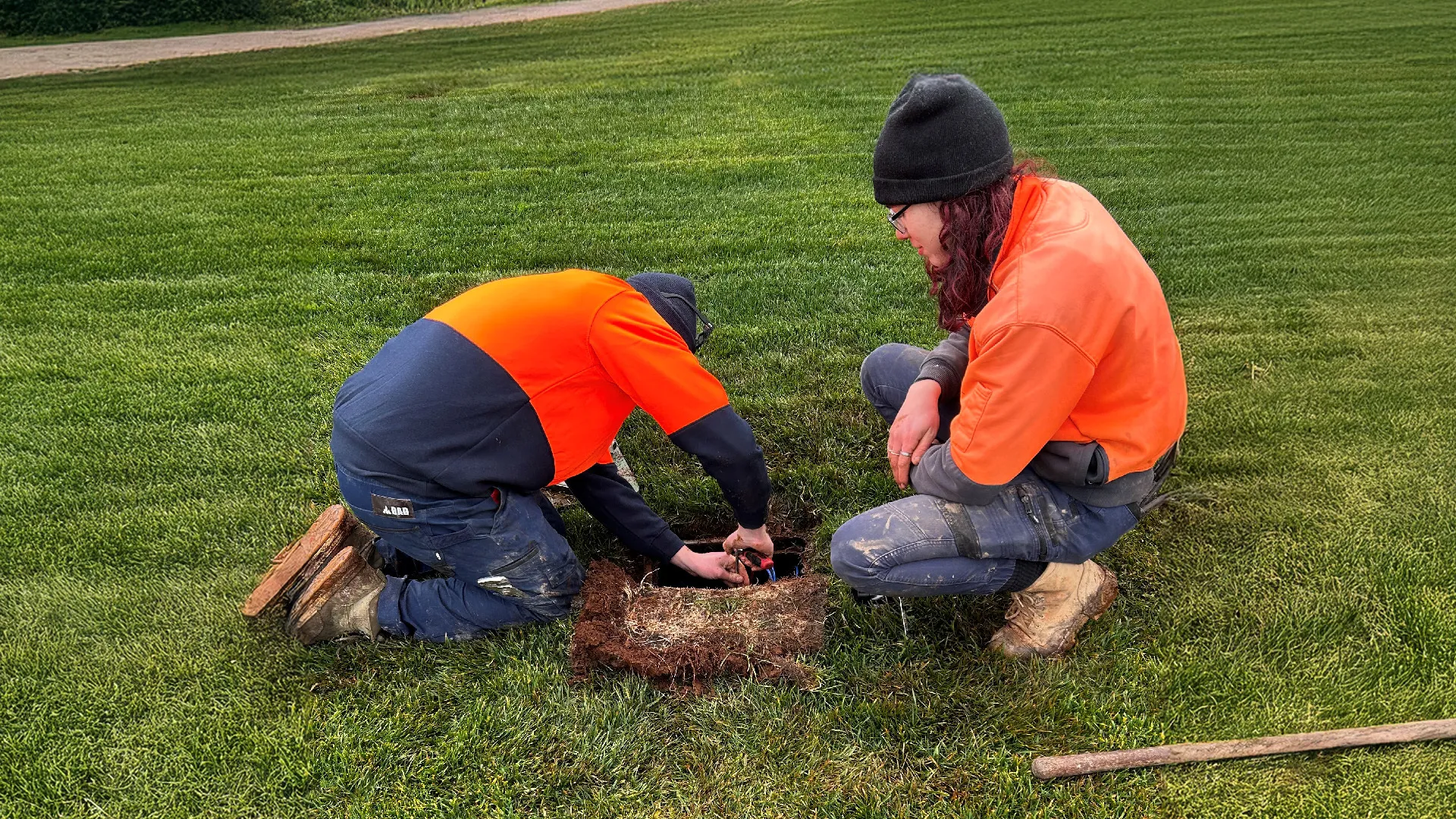 midland-irrigation-sprinkler-service-technicians-maintenance-inspection-W251022 Two Midland Irrigation technicians performing sprinkler system maintenance and inspection on residential property lawn