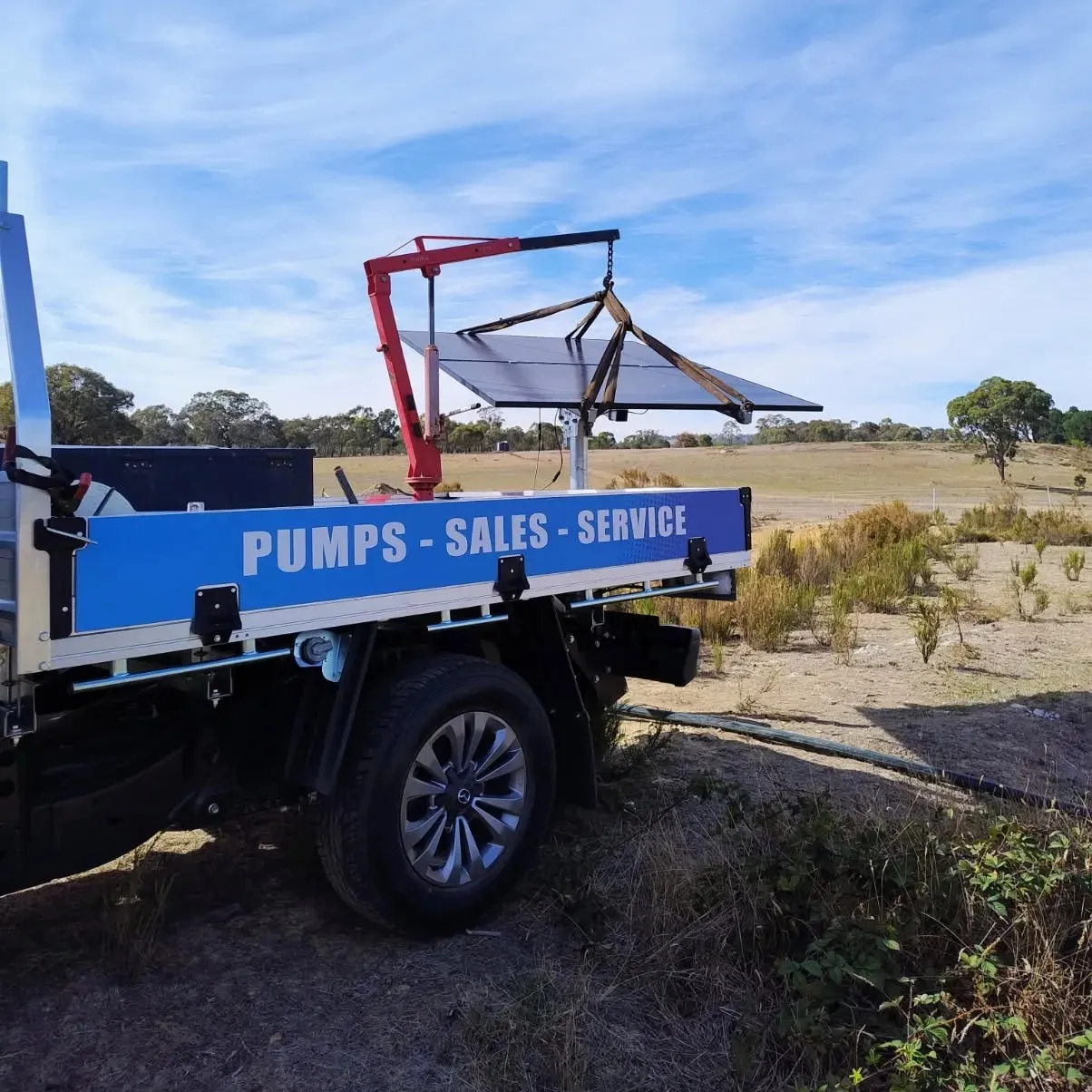 midland-solar-pumps-installation-service-truck-solar-panel-P260209 Midland Irrigation service truck with solar panel equipment for professional pump installation in regional Victoria
