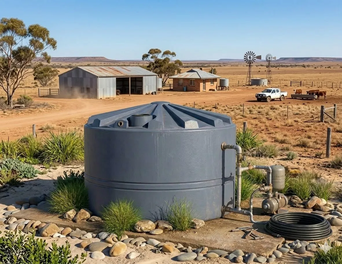 Global Rotomoulding round water tank with pump and pipework installed on an outback Australian farm, with a windmill and farm buildings in the background