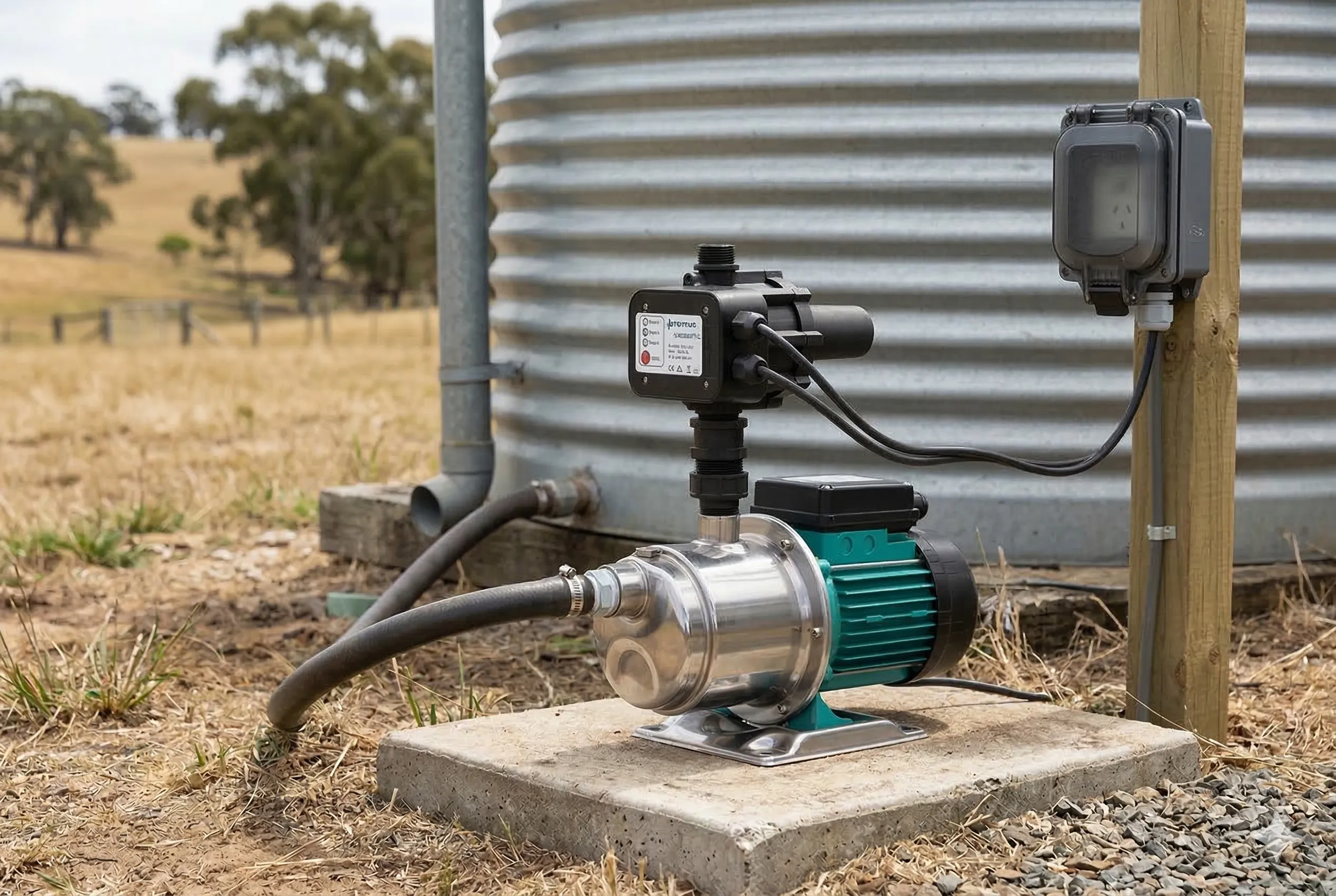 Stainless steel jet water pump with automatic pressure controller mounted on a concrete pad beside a corrugated steel rainwater tank on a rural Australian property